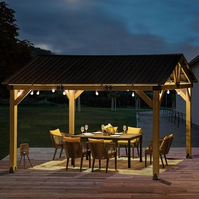 StarEcho Wooden Hardtop Gazebo 12 x14 FT,Heavy Duty Cedar Wood Pavilion Gazebos with Galvanized Steel Gable Roof,Outdoor Gazebo for Lawn Backyard Deck Patio Garden