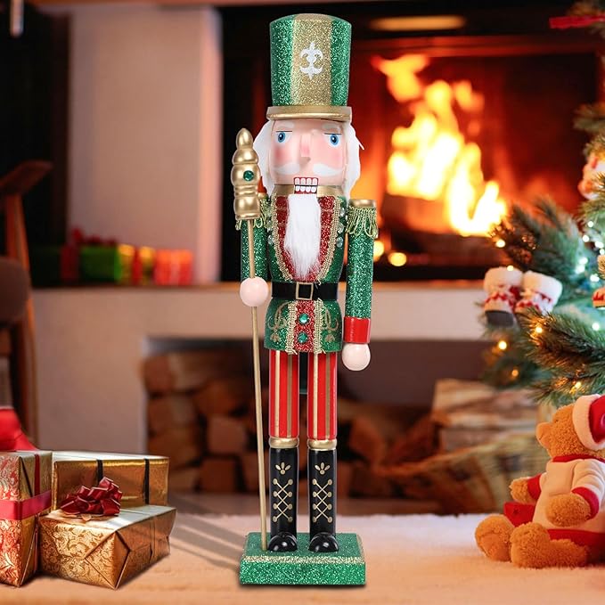 Christmas Nutcracker Decorations Nutcracker Figure 15 Inch Wooden Nutcrackers Collectible Ornament Nutcracker Soldier for Table Desktop Home Christmas Decor Xmas Indoor Decor Green