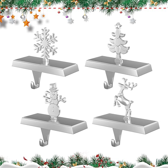 Stocking Holders for Mantle and Garland Hanger, 4-Pack Metal Christmas Stocking Hooks, Ideal for Christmas Celebrations, Festive Home Decorations, and Party Supplies