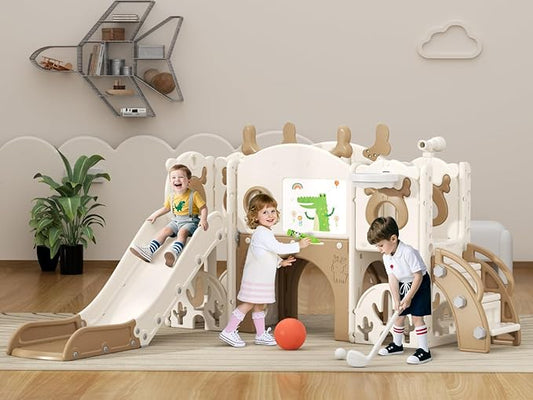 XJD 13 in 1 Toddler Slide Set, Kids Slide for Toddlers Age 1+, New Upgrade with Golf Set, Basketball Hoop, Drawing Board for Indoor Outdoor Playset,Birthday Gifts for Toddler (Brown)