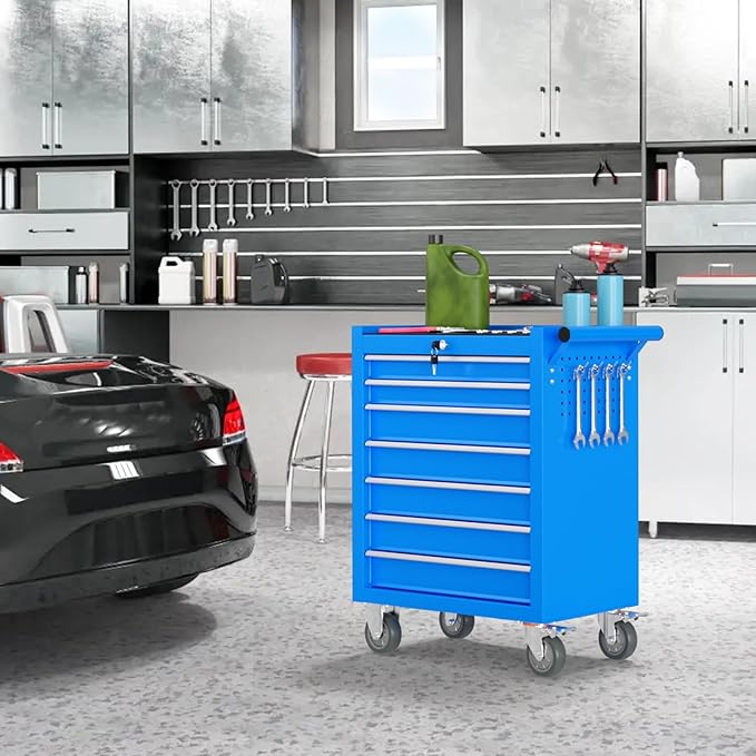 7 Drawers Rolling Tool Box, Portable Storage Tool Chest with Wheels, Toolbox with Lock for Warehouse, Garage, Repair Shop and Tool Room (Blue)