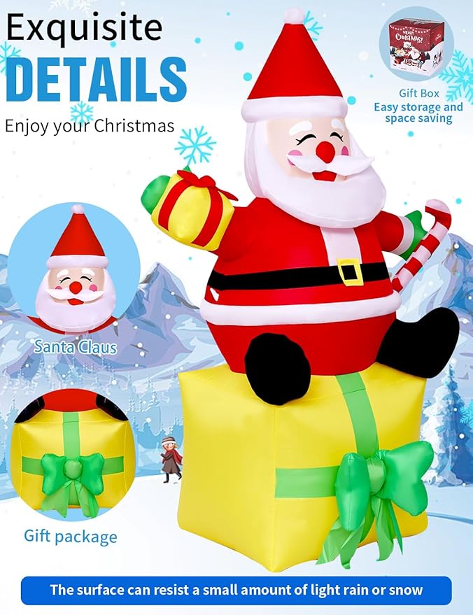 6FT Christmas Inflatables Outdoor Decorations,Inflatable Santa Claus Sitting on Gift Box Build-in LED Light-Christmas Blow Up Yard Decorations for Holiday Garden Lawn Yard Patio