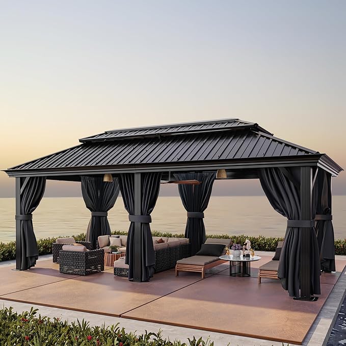 HOTEEL 12x20 Hardtop Gazebo with Metal Roof & Drainage System, Heavy Duty Galvanized Steel Gazebo with Reinforced Aluminum Frame, Privacy Curtains and Netting, for All-Weather, Black (2025 Upgraded)