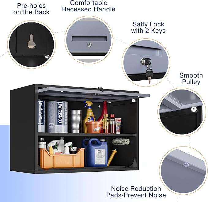 Yizosh Metal Wall Cabinet with Doors and Shelves, Wall Mounted Storage Cabinet for Garage, Basement, Kitchen, Warehouse (Black Gray, 21.6 H)