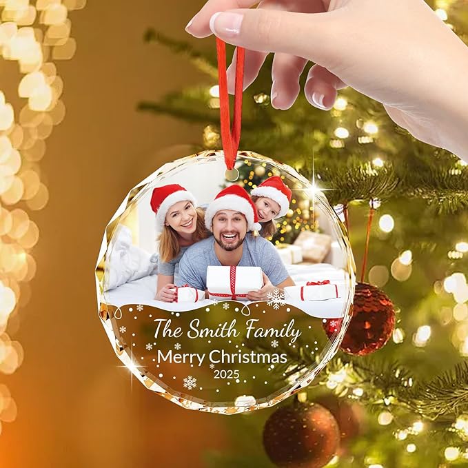 Personalized Crystal Ornament - Custom Photo Christmas Ornament with Text & Date, Customizable Holiday Keepsake Gift for Family, Mom, Dad, Couple, Friends - Elegant Christmas Tree Decoration