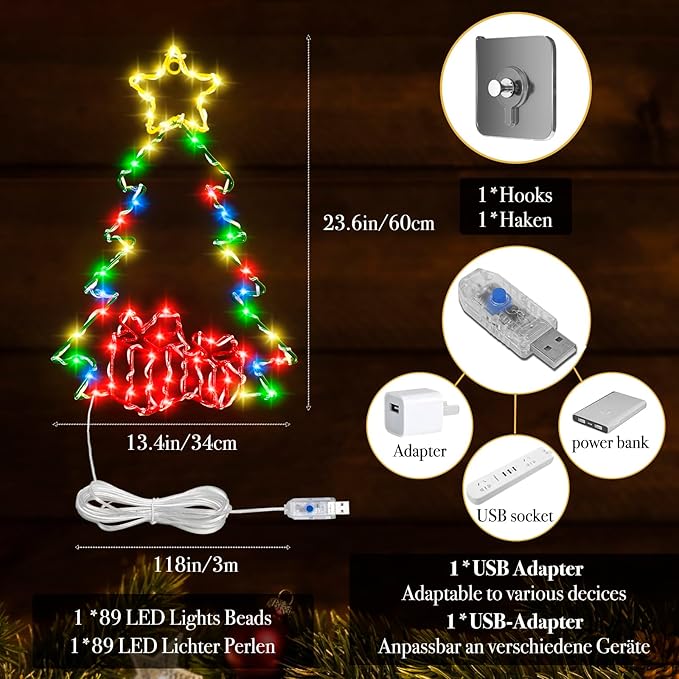 2Ft Large Christmas Tree LED Light With Timer - Window Silhouette Decoration for Indoor Outdoor, Wall Hanging