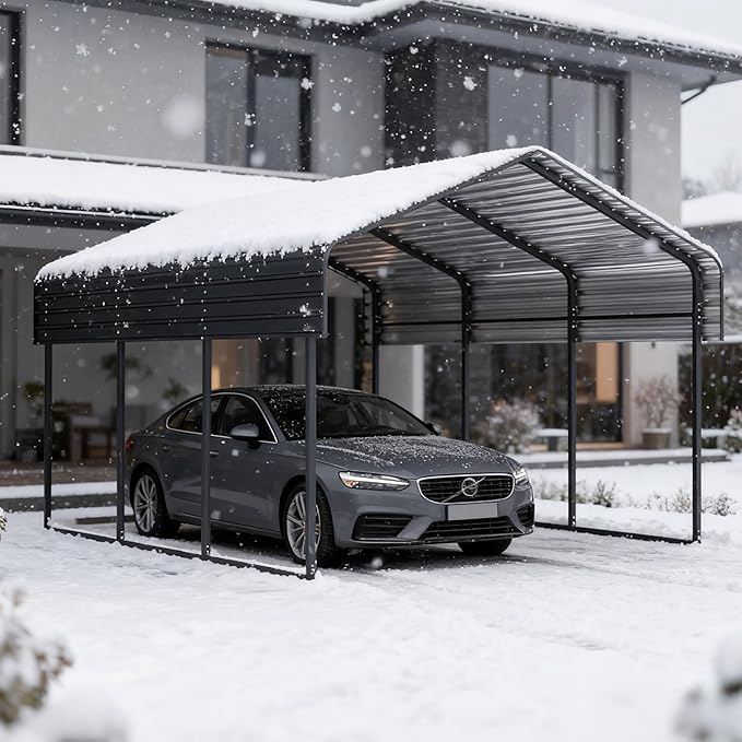 10x15 FT Metal Carport, Outdoor Garage Car Shelter Shade with Galvanized Metal Roof, Heavy Duty Car Port for Car, Truck and Boats, Dark Gray