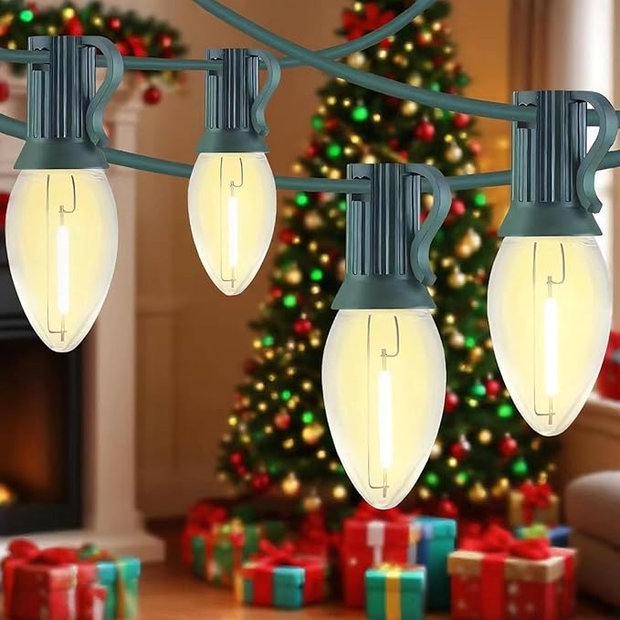 25FT C7 LED Christmas Lights Outdoor String with 27 Clear Plastic Energy-Efficient Waterproof Bulbs for Roofline, Christmas Tree,Patio,Garden,Wedding & Holiday Decor