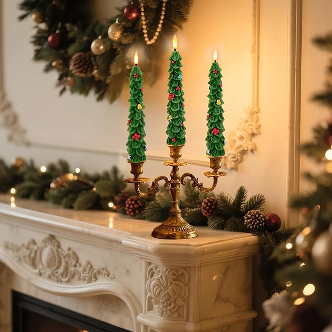 BOSONER Christmas Tree Candles for Home: 4 Pcs Flameless Taper Candle Lights Battery Operated with Remote and Timer - Christmas Decorations for Dining Table & Fireplace