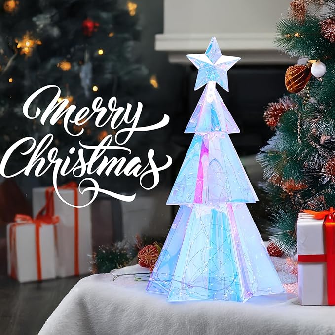 Holographic Christmas Tree, 15 Inch Desktop Decoration Tree with LED Lights, Prismatic Iridescent Christmas Tree Gift for Kids Girls Families Office Indoor Decorations