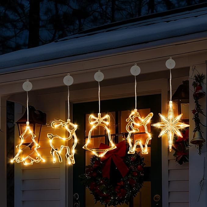 5Pcs Christmas Window Lights, Battery Powered Twinkle Lights Christmas Decorations Indoor Outdoor for Wall Door Porch Balcony Glass Decor with Suction Cup & Timer