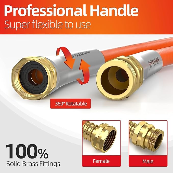 SPECILITE Garden Water Hose 15 ft x 5/8 in, Heavy Duty Leader Pipe Extension, Flexible, Lightweight Kink-less,Hybrid Rubber, with 3/4 Brass Fittings, Orange