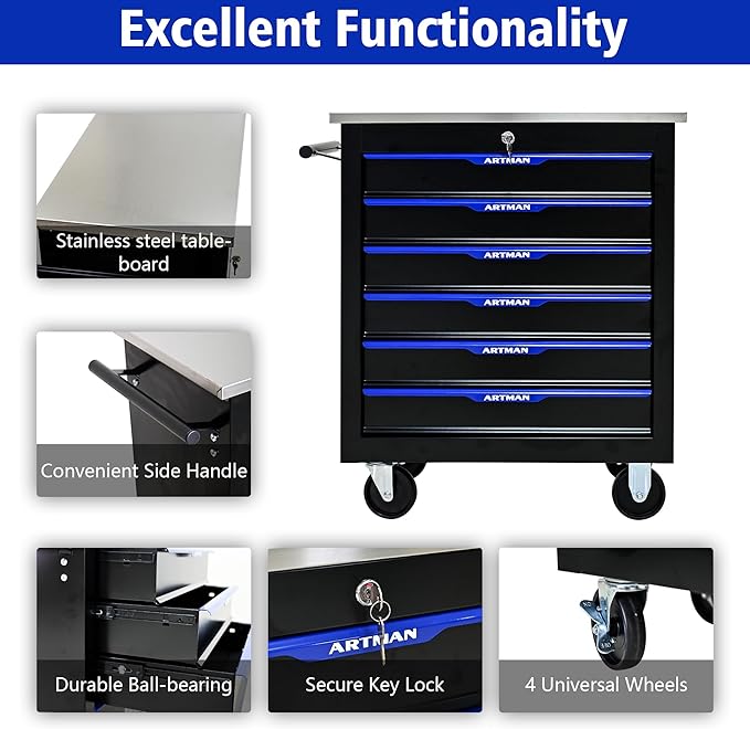 RYH 4/5/6/7 Drawers Rolling Tool Chest -Heavy Duty Mobile Metal Tool Box with Locking Wheels, with Stainless Steel Worktop, Garage Tool Storage Cabinet (Black-Blue, 6-Drawers 30.7 H¡¿25.9 W)
