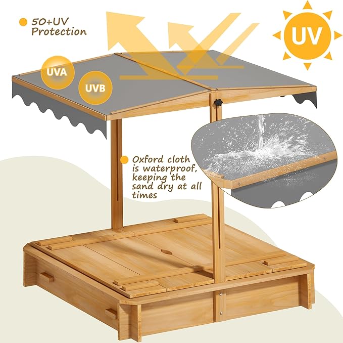 Sandbox with Lid & Cover, Wooden Kids Outdoor Sand Box with Height-Adjustable UV-Resistant Canopy, 2 Foldable Bench Seats & Bottom Liner, 43x43 Inch, Perfect for Backyard, Beach, Garden Play