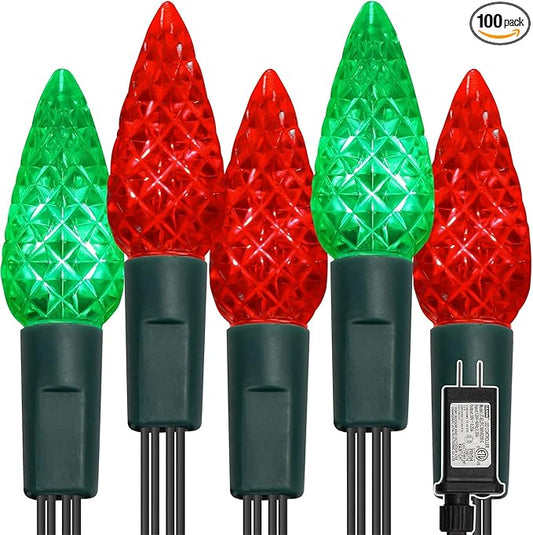 WATERGLIDE C6 Christmas Lights, 33ft 100 LED Faceted String Lights Green Wire Fairy Lights with Safe Adaptor, 8 Lighting Mode, Waterproof for Indoor Outdoor Patio Xmas Tree Party Decor, Red & Green