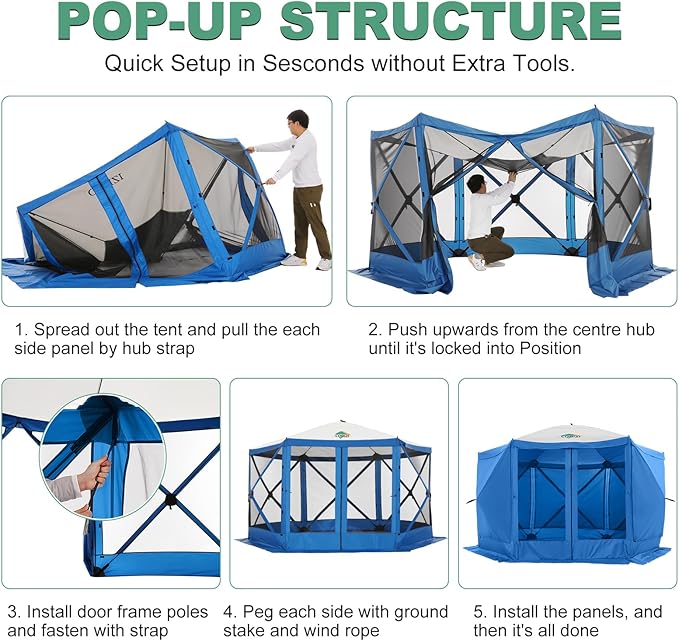 COBIZI 12x12 Pop up Canopy Tent, Gazebos on clearance with 5 removable sidewalls & mosquito net for Camping, Outdoor patio screened gazebo, Portable Hub Tent with Carrying Bag & Stakes, Blue(Upgraded)