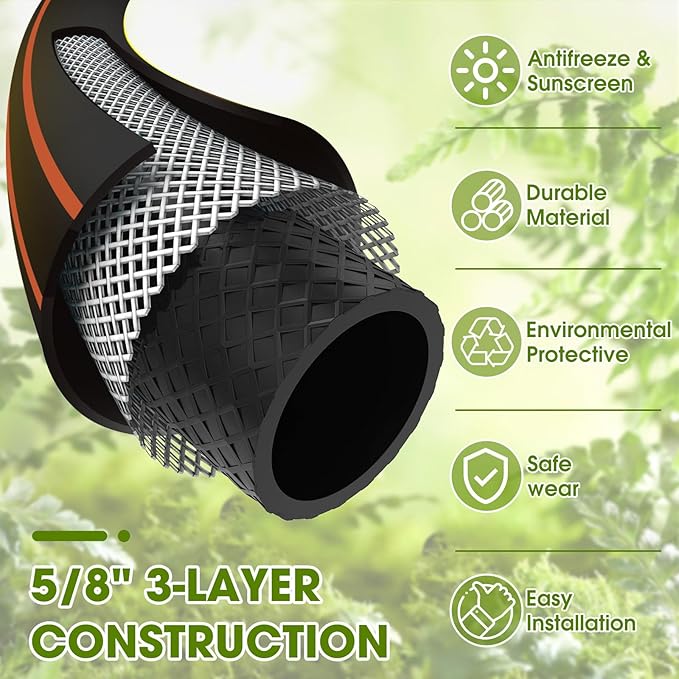 Heavy Duty Garden Hose ? 5/8 Inch Flexible, Lightweight Hybrid Hose with 600 PSI Burst Pressure, Swivel Handle,All-Weather Water Hose, Durable Copper Male/Female Fittings (Black, 50FT)