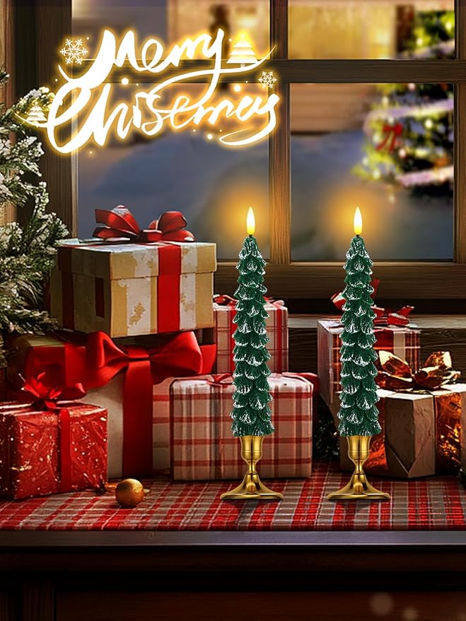 2 Pack Christmas Tree Candles - Real Wax Flameless Taper Candles, 9.7in Green Candlesticks for Home Table Metal Xmas Holiday Indoor Decorations Gifts