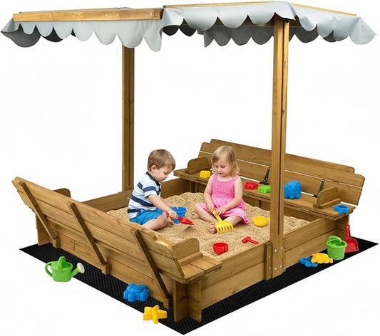 Kids Sandbox with Canopy & 2 Benches - 47 Large Wooden Outdoor Sand Box, Adjustable Weatherproof Cover, Easy-Fold Lid, Gift for Toddlers Ages 2-8, Backyard, Patio