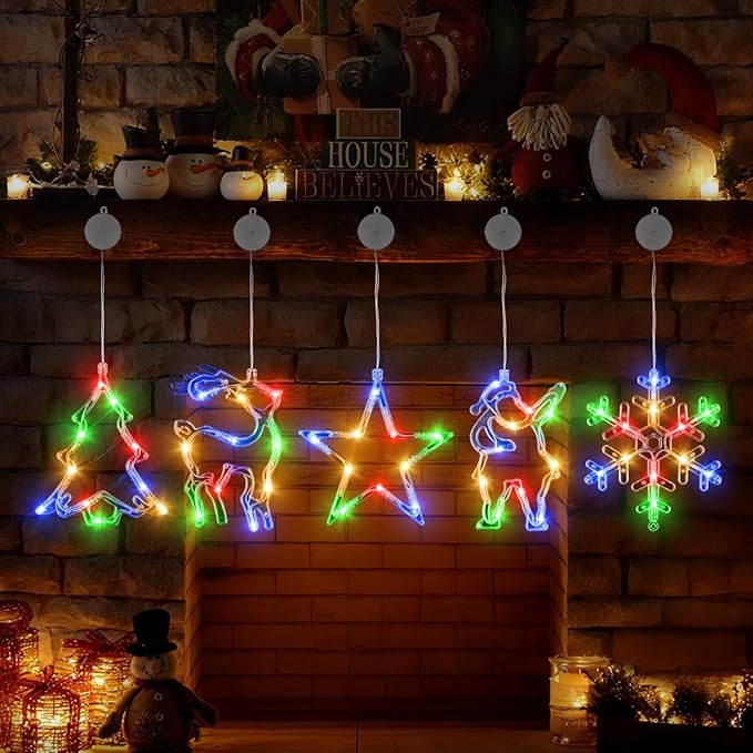 5Pcs Christmas Window Lights, Battery Powered Twinkle Lights Christmas Decorations Indoor Outdoor for Wall Door Porch Balcony Glass Decor with Suction Cup & Timer