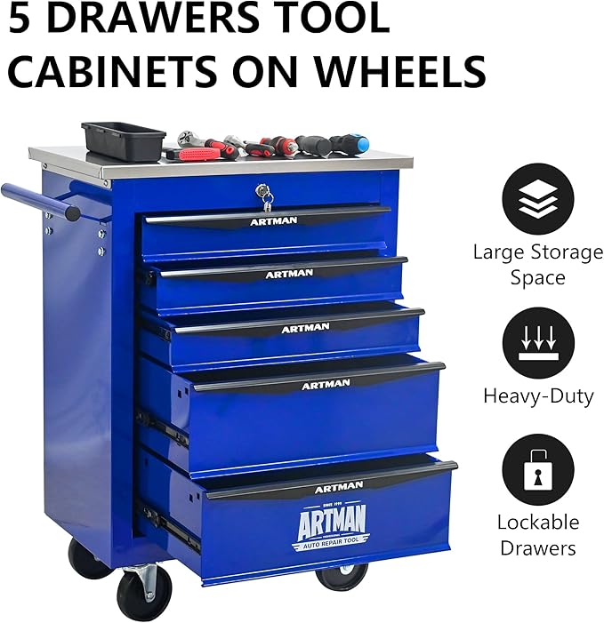 RYH 4/5/6/7 Drawers Rolling Tool Chest -Heavy Duty Mobile Metal Tool Box with Locking Wheels, with Stainless Steel Worktop, Garage Tool Storage Cabinet (Blue, 5-Drawers 30.7 H¡¿22.2 W)