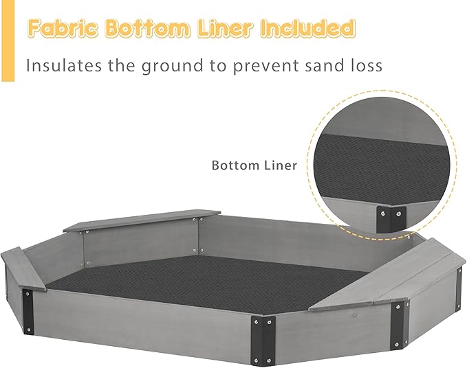 75.5''x53''x8.5'' Octagon Sandbox with Storage Box for Kids Outdoor Play, Wood Large Sandpit with Cover & 3 Benches, Quick Easy Install