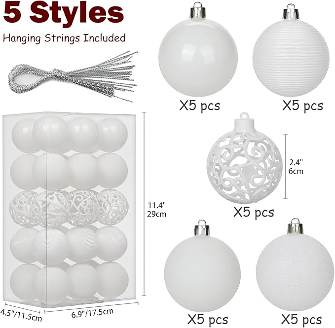 30PCS 2.36" Christmas Ball Ornaments Shatterproof White Christmas Tree Decorations Xmas Tree Balls Halloween Ornaments Décor