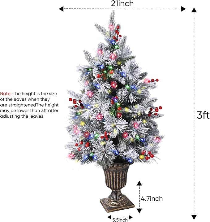 90cm Pre-lit Potted Christmas Tree, 1-Pack Flocked Snow Xmas Tree with 50 Color Led Lights, 8 Modes, PE Christmas Decoration for Home, Office, Easy Assembly