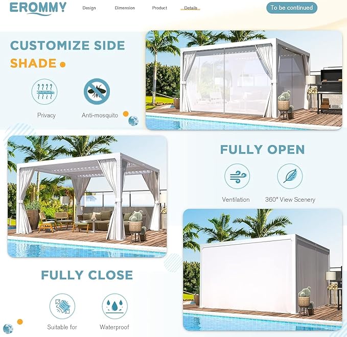EROMMY Louvered Pergola 10' x 10' Outdoor Hard Top Pergola with Aluminum Frame and Adjustable Metal Rainproof Roof for Garden & Patio, Curtains and Netting Included, White