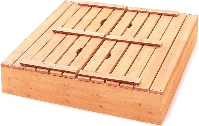 Badger Basket Wooden Sandbox with Lid & Benches - Large Outdoor Sandbox for Kids Made of Cedar - Foldable Cover, Seating & Backyard Playset (46.5 x 46.5 x 9.5)