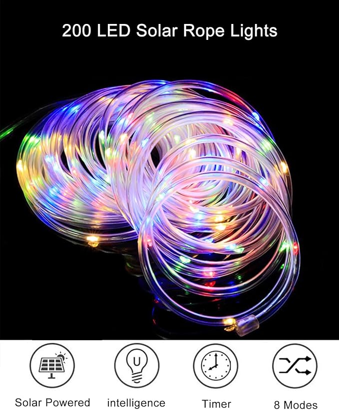 Upgraded 70FT 200 LED Solar Rope Lights, Timer & 8 Modes Trampoline Accessories Solar String Lights, IP65 Waterproof Solar Powered Fairy Lights for Party Garden Yard Tree Camp(Multi Colored)