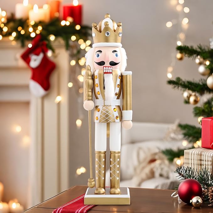 Christmas Nutcrackers Figure 15Inch 1PCS Wooden Nutcracker Ornament Nutcracker Christmas Decoration Figures for Desktop Home Decor Kids Gift Gold