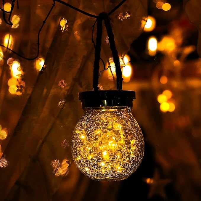 Cooo Christmas Gifts 4 Pack Heavy Crackle Glass Solar Lantern with 30 LED Firefly Lights– Waterproof Outdoor Hanging Lamp 215% Larger Solar Panel, Stainless Steel Lid Decorative Lighting for Garden