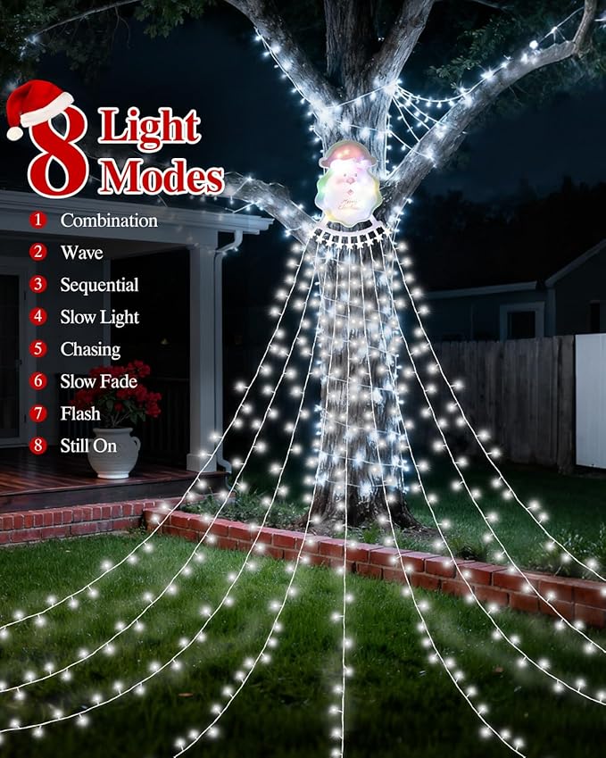 Christmas Decorations Outdoor String Lights - 335 LED 11.48ft 9 Strands Waterfall Tree Lights with Topper, 8 Lighting Modes Christmas Lights Indoor Decorative for Wedding Yard Party Home