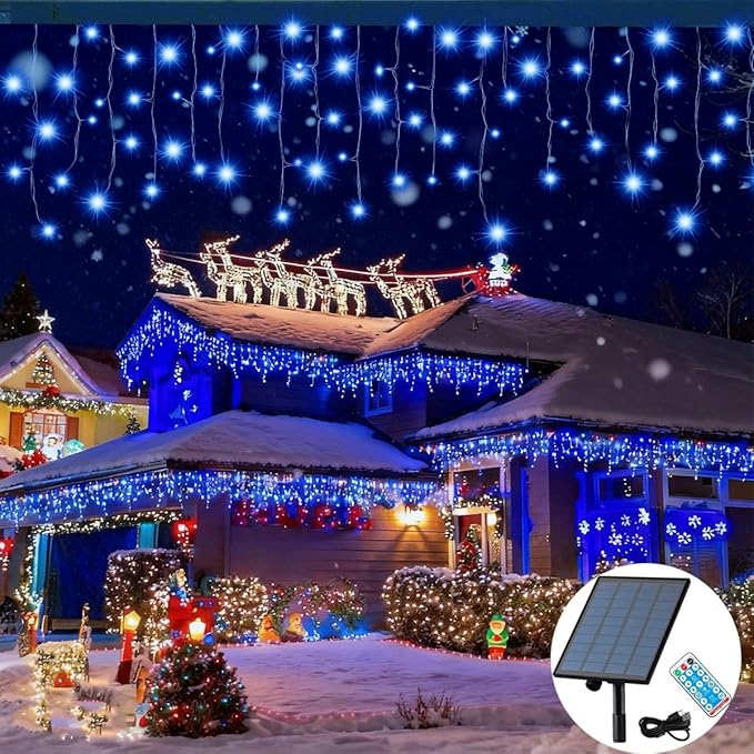 320LED Solar Christmas Lights Outdoor Waterproof Christmas Decorations Curtain Lights 29.5ft 60 Drops,8 Modes Solar Powered Rechargeable Fairy Lights for Party, Holiday,Wedding Decorations (Blue)