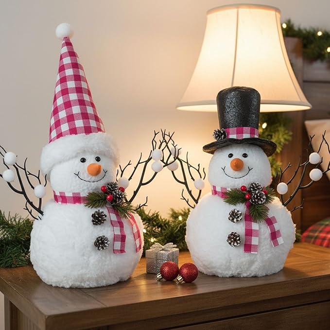 2 Pack Christmas Table Decorations, 14" Lighted Plush Snowmen FigurinesPastel Christmas Ornaments, Light Up Snowman Holiday Present, Battery Operated Xmas Gifts Indoor Tabletop Ornaments