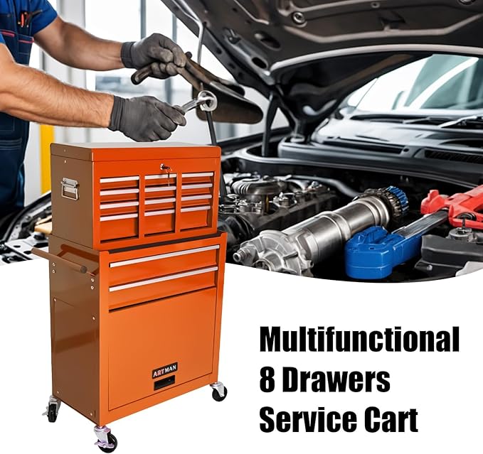 Rolling Tool Chest with Wheels, 8-Drawer Steel Tool Storage Cabinet with Lockable Top, Heavy-Duty Mobile Tool Box Organizer for Garage, Workshop & Job Site