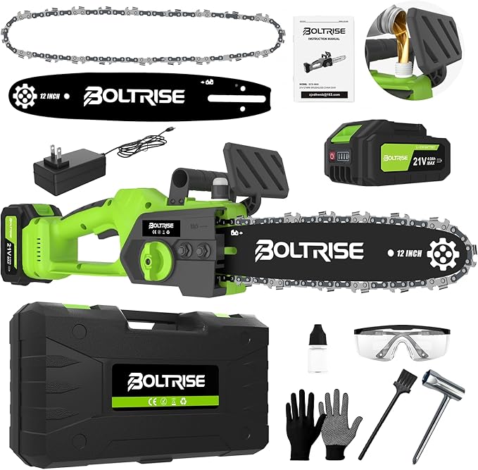 12 Inch Cordless Brushless Electric Chainsaw, 21V 4.0Ah Batteries & Auto Oiler Security Lock, 42 FT/S Powered Compact HandHeld Chain Saw, for Tree Trimming, Wood Cutting Garden, Pruning