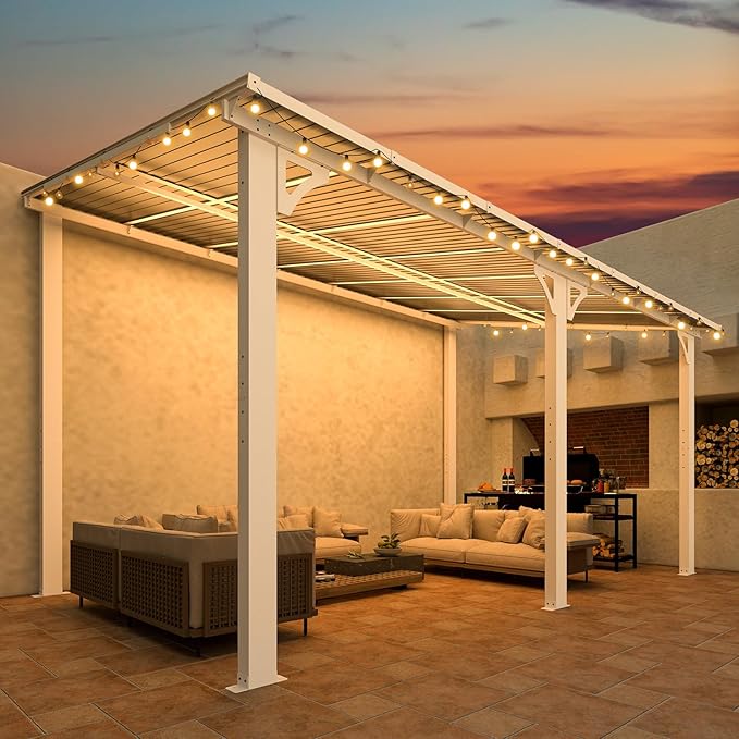 AECOJOY 14' x 8' White Gazebo Outdoor Pergola for Patio, Hard Top Lean to 8x14 Gazebo Shelter Pergolas and Gazebos Clearance with Patio Roof, Large Wall-Mounted Heavy Duty Awnings for Patio