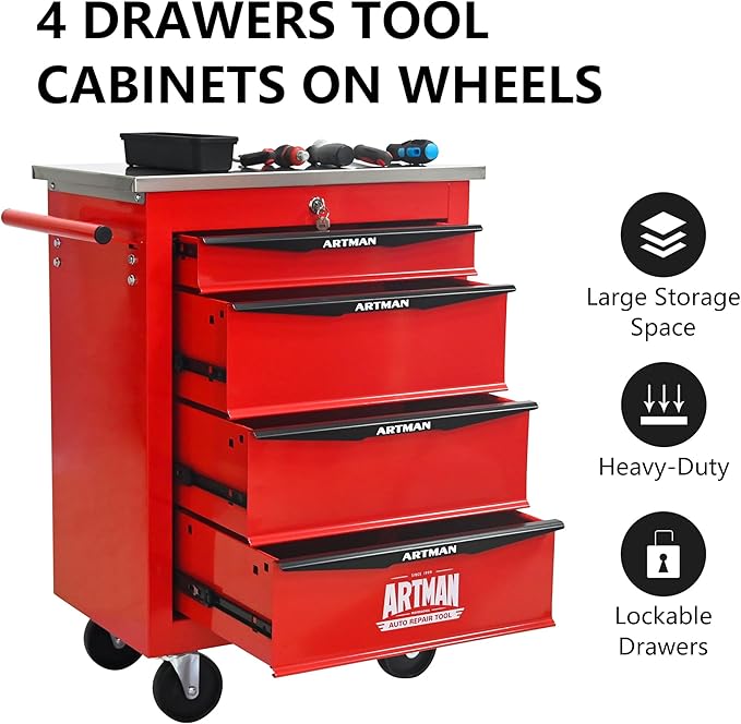 RYH 4/5/6/7 Drawers Rolling Tool Chest -Heavy Duty Mobile Metal Tool Box with Locking Wheels, with Stainless Steel Worktop, Garage Tool Storage Cabinet (Red, 4-Drawers 30.7 H¡¿22.2 W)