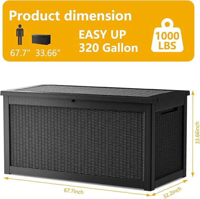 Mersco 320 Gallon Double-Wall Resin Deck Box - Lockable Waterproof Outdoor Storage Box, 1000lbs Capacity & Doubles as Seating for Patio Furnitures, Garden Tools, Pool Accessories (Black)
