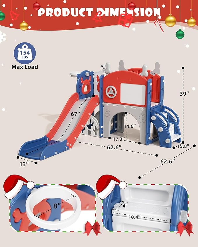 XJD Toddler Slide,12 in 1 Kids Slide for Toddlers 1-3, New Upgrade with Golf Set, Basketball Hoop, Drawing Board for Indoor Outdoor Playset,Toddler Playground (Red Blue)