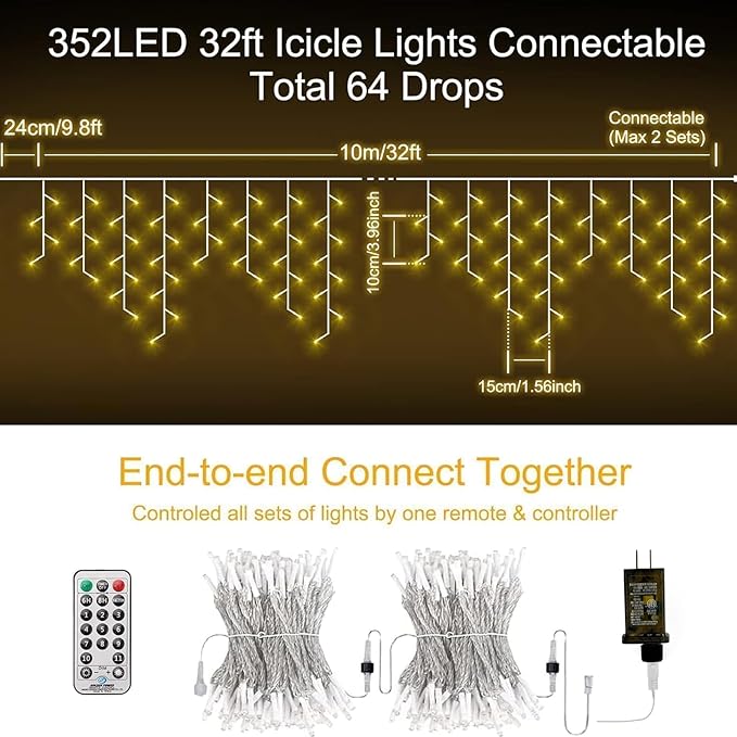 33FT Icicle String Lights (Warm White and Cool White) for Outdoor 352 LED 11 Modes Christmas Decorations Curtain Fairy String Lights with 64 Drops Remote Control for Wedding Party Holiday Decor