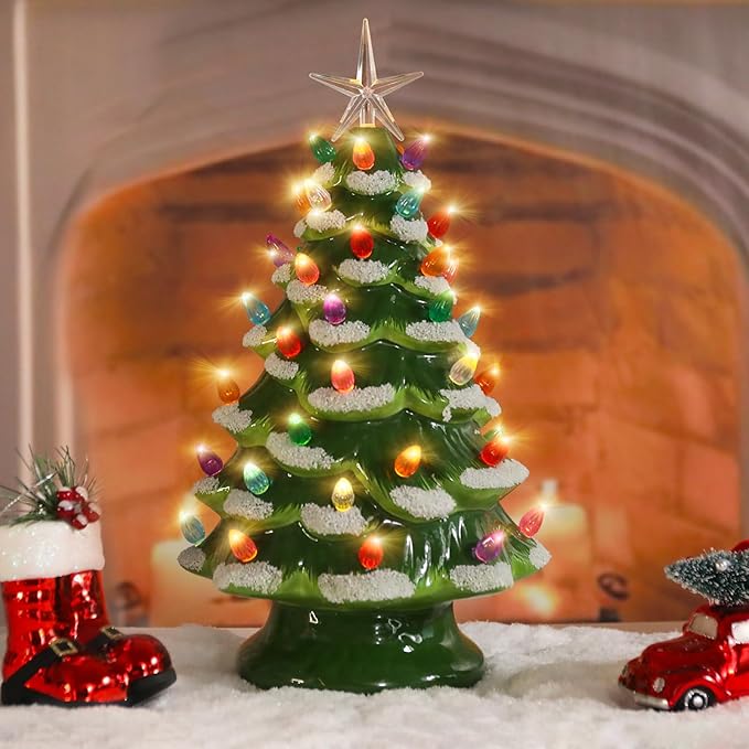 Ceramic Christmas Tree 12 Inch Tabletop Christmas Tree Vintage Christmas Decoration Battery Operated Small Green Xmas Trees with Multicolored Lights