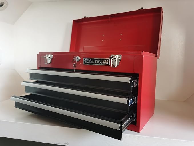 20.3¡° Metal Tool Box with Drawer Portable Steel Tool Box with Protective Liner and Latch Closure and Lock for Garage, Home and Warehouse (Red & Black-3 Drawers)