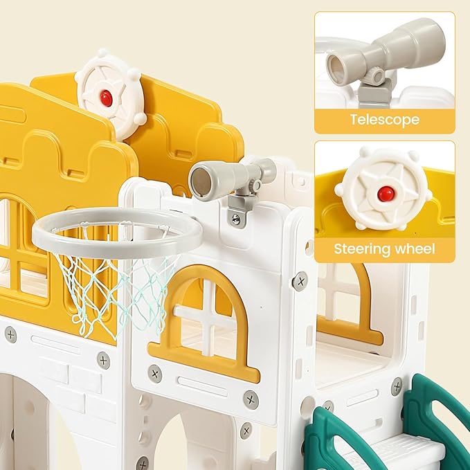 8-in-1 Toddler Slide and Climber Playset for Kids Ages 1-3, Indoor/Outdoor Playground with Basketball Hoop, Tunnel, Telescope, Steering Wheel & Storage, Orange-Green, American Standard