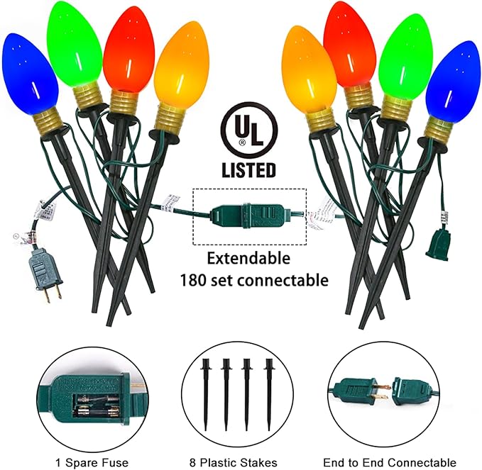 Christmas Lights Jumbo C9 Outdoor Lawn Decorations with Pathway Marker Stakes, 2 Pack 7 Feet String Lights with Multi Color Giant Lighted Bulbs for Holiday Outside Yard Garden Decor, 8 Lights