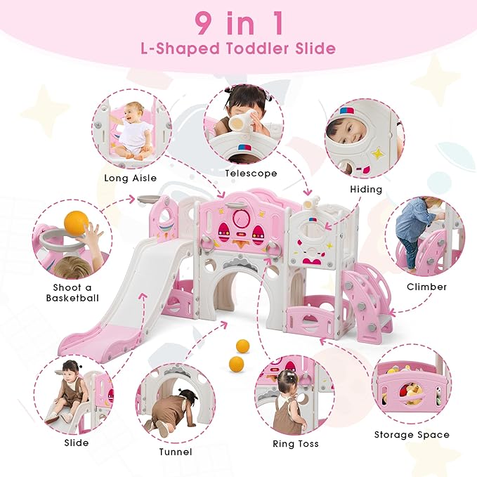 9 in 1 Toddler Slide and Climber Playset Freestanding Backyard Playground for Children Age 1-4, Indoor Outdoor Kids Slide with Basketball Hoop,Telescope, Ring-toss and Storage Space