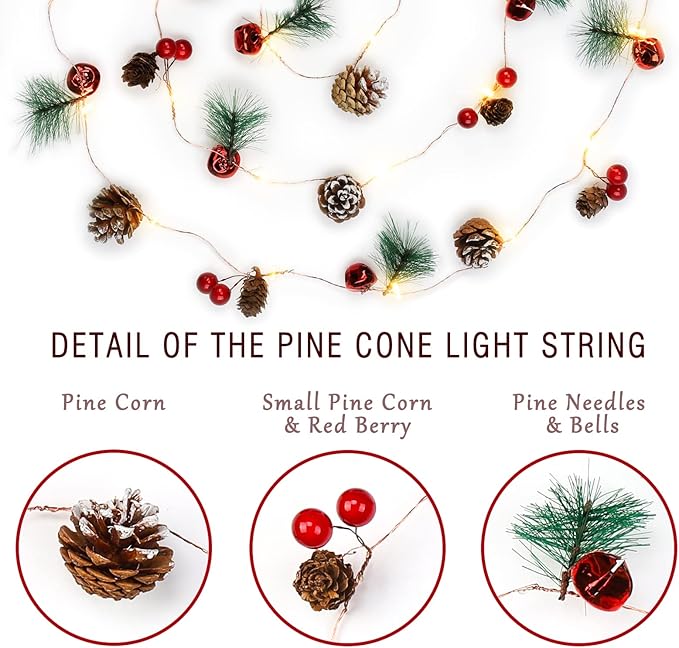 Christmas Garland with Lights 10 Feet 30 LED Bulbs Pinecones, Red Berries, Bells Decorative Lights Christmas Decorations Indoor Suitable for Home & Mantelpiece Decor Christmas Tree Decor