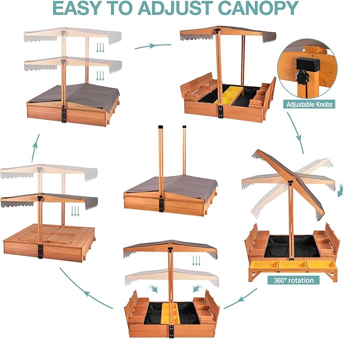 Large Wooden Kids Sand Box with Cover,Sandbox with Lid Foldable Beench Seats,Sand Boxes for Backyard Garden, Beach Patio Outdoor